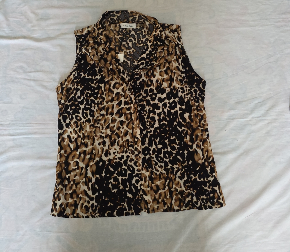 Calvin Klein Sleeveless Leopard Print Blouse - Brown & Black